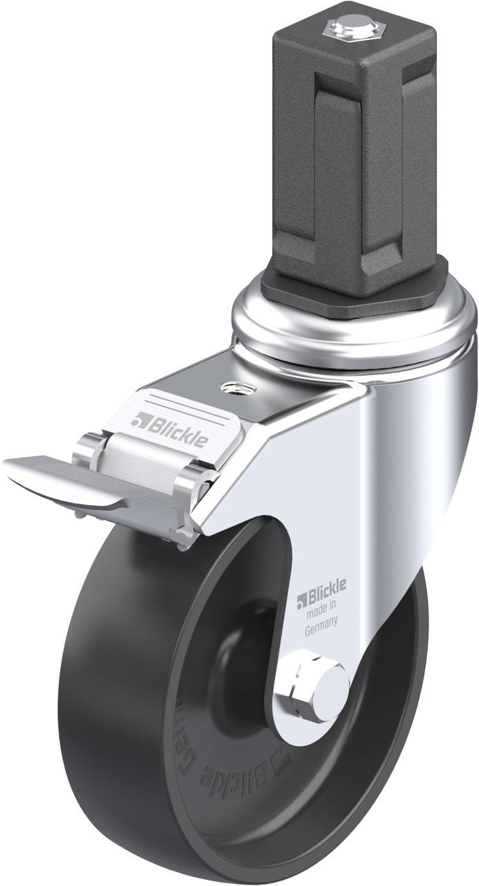 Lenkrolle mit feststellbarer Bremse und rechteckigem Steckbolzen, silberne und schwarze Farbgebung, robustes Design für industrielle Anwendungen.
