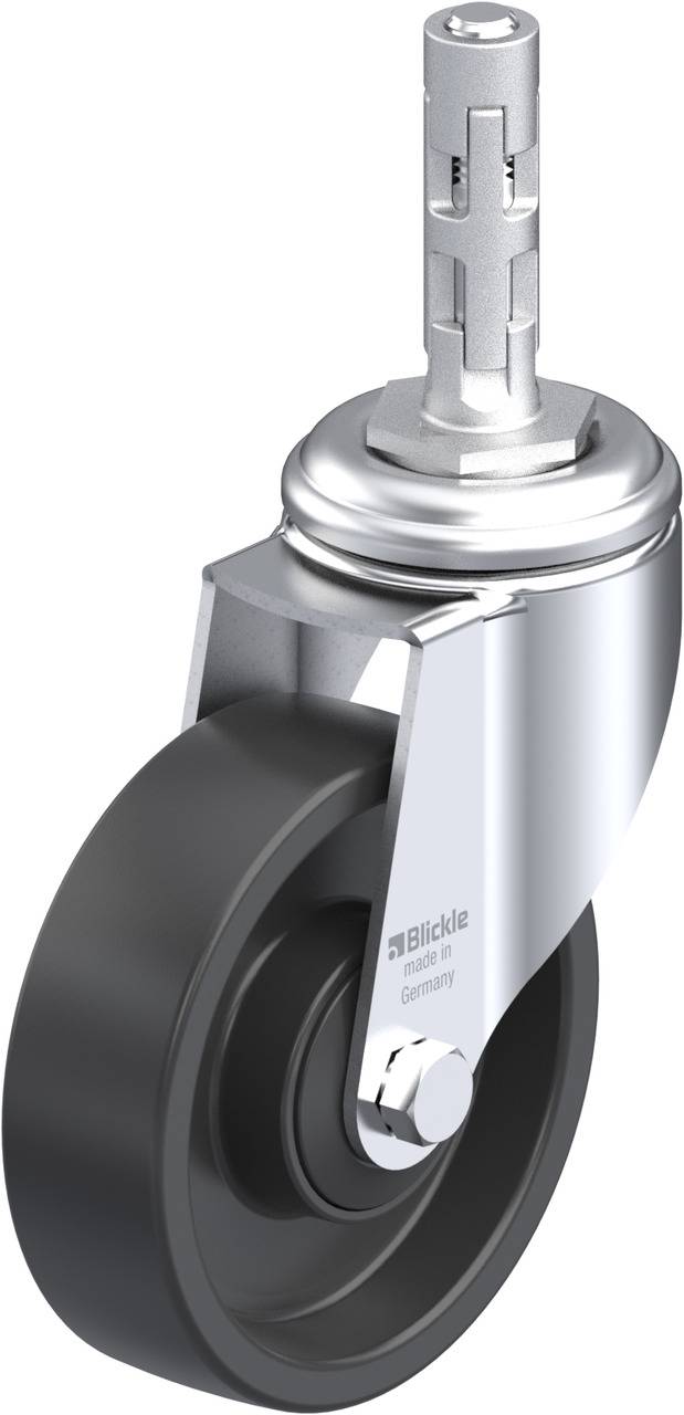 Eine schwarze Rolle mit silbernem Metallgehäuse, entworfen für Möbel oder Wagen. Das Gehäuse trägt das Logo 'Blickle'.