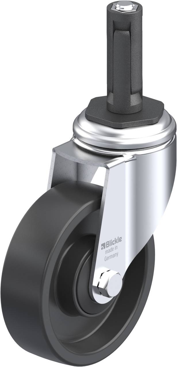 Bockrolle mit schwarzem Rad und silbernem Metallgehäuse, geeignet für industrielle Anwendungen.
