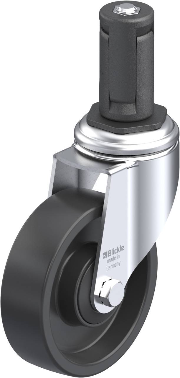 Schwenkrolle mit schwarzem Rad und silbernem Halter, geeignet für Büromöbel oder Geräte.