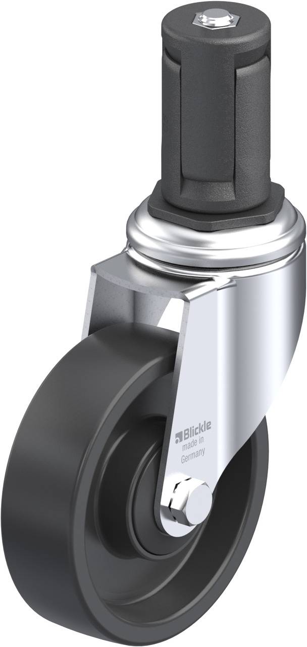 Industrie-Schwenkrolle aus Gummi mit schwarzem Gehäuse und Metallbefestigung, geeignet für Maschinen und Geräte.