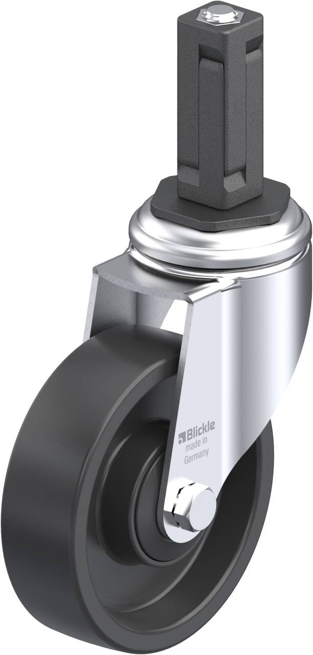 'Schwenkrolle mit schwarzem Rad und rechteckigem Befestigungsbolzen, glänzende Metalloberfläche. Text auf Metall: 