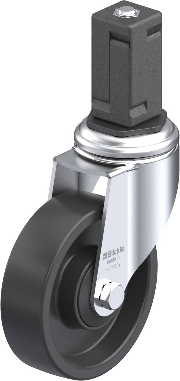 Schwenkrolle mit rechteckiger Befestigung, schwarzem Rad und silbernem Gehäuse, geeignet für industrielle Schwerlastanwendungen.