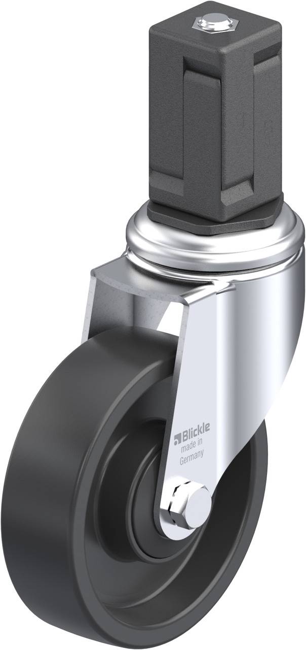 Schwenkrolle aus Metall mit schwarzem Rad und quadratischem Befestigungsstift, geeignet für Möbel oder Transportgeräte.