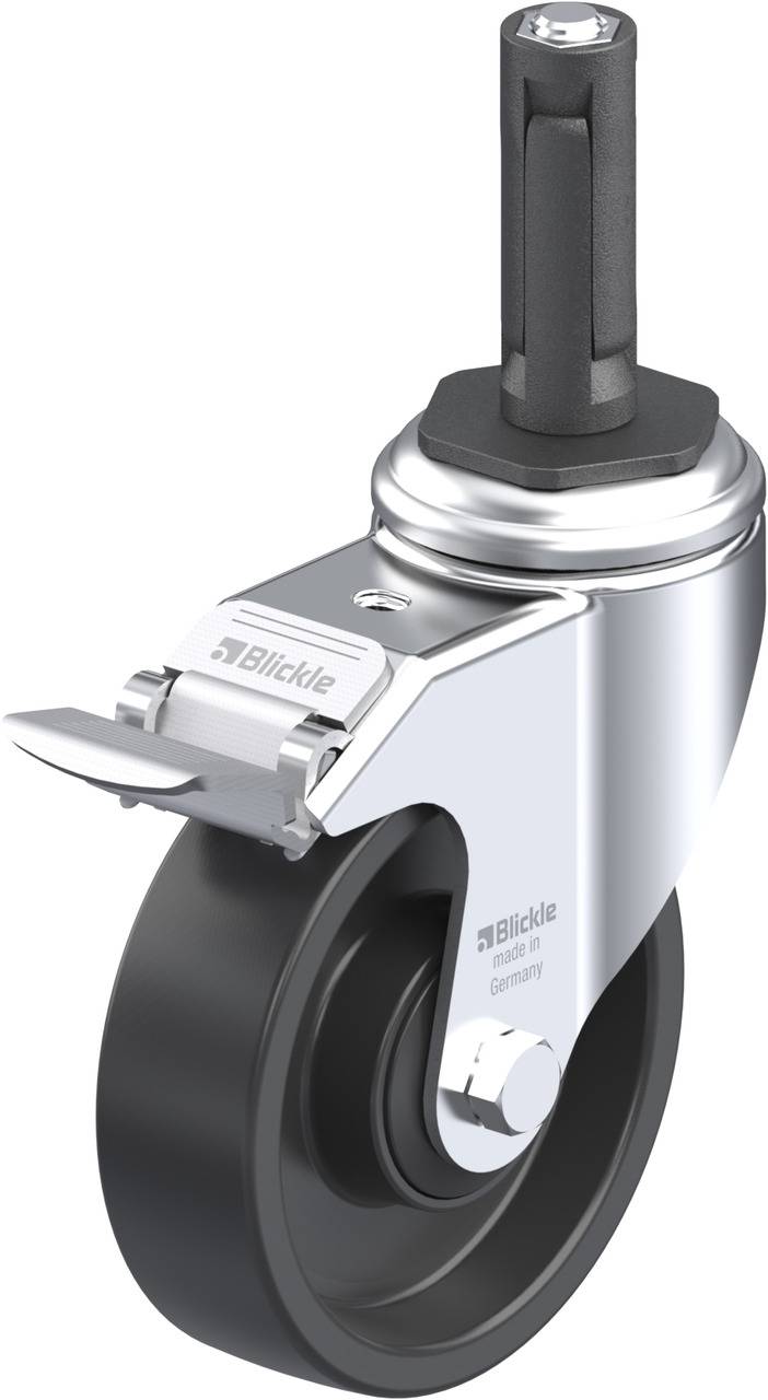 Eine schwarze Lenkrolle mit Bremse und grauem Gehäuse, geeignet für Möbel oder Transportwagen.