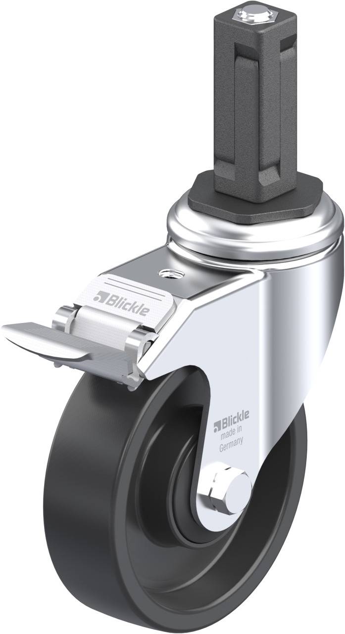 Schwenkrolle aus Metall mit schwarzem Rad, integriertem Bremshebel und Befestigungsbolzen. Ideal für industrielle Anwendungen.