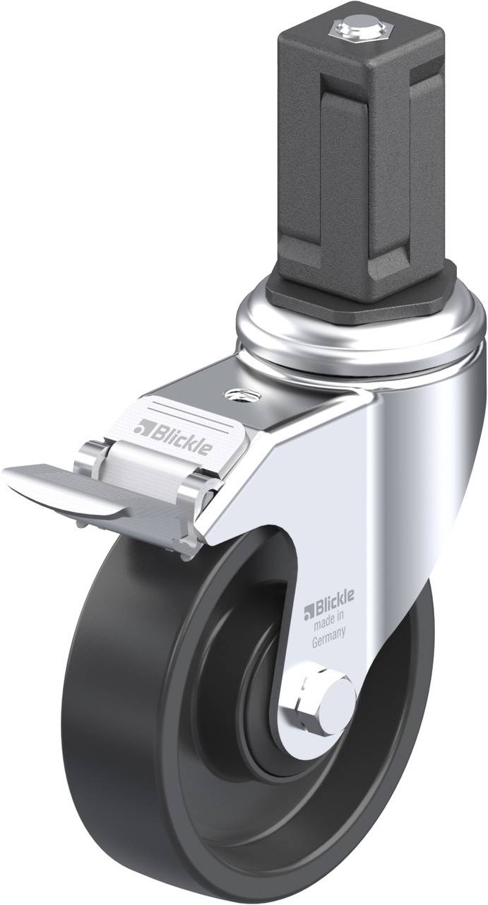 Eine graue Lenkrolle mit Bremse und schwarzem Rad. Auf der Halterung steht der Schriftzug 'Blickle'.