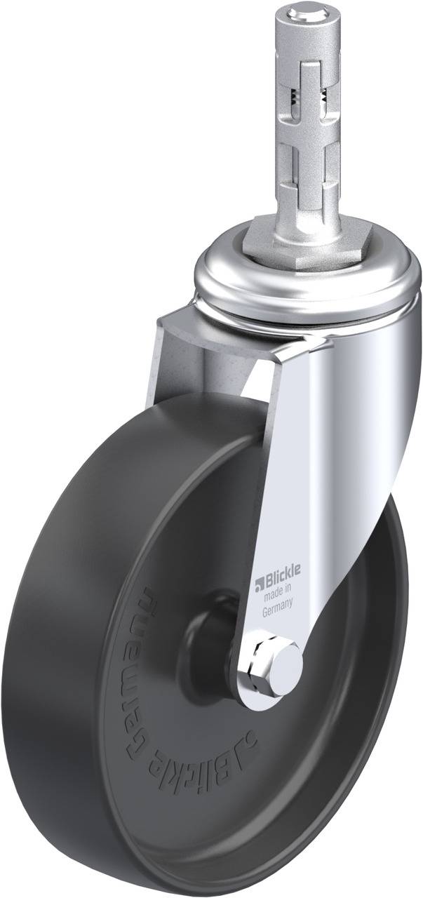 Abgebildet ist ein schwarzes Lenkrad mit einem Metallgehäuse und einem silbernen Stift an der Spitze, geeignet für Möbel oder Geräte.