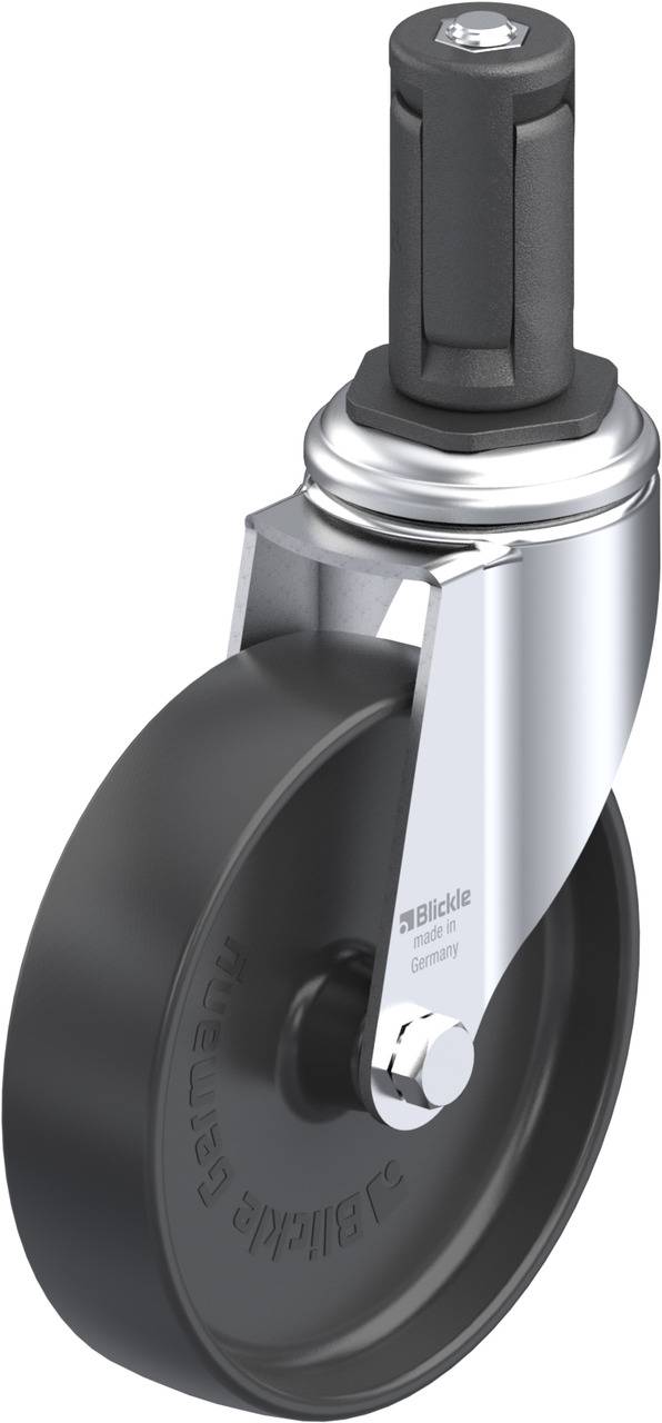 Schwenkrolle mit schwarzem Rad, Metallschutz und Befestigungsbolzen oben. Aufschrift zeigt 'Blickle Germany'. Geeignet für Möbel oder Geräte.