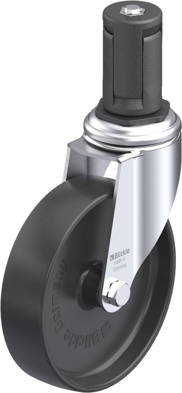 Industrie-Rollenrad mit schwarzem Reifen und silbernem Metallgehäuse, geeignet für robuste Anwendungen, textaufgedruckte Markeninformationen.