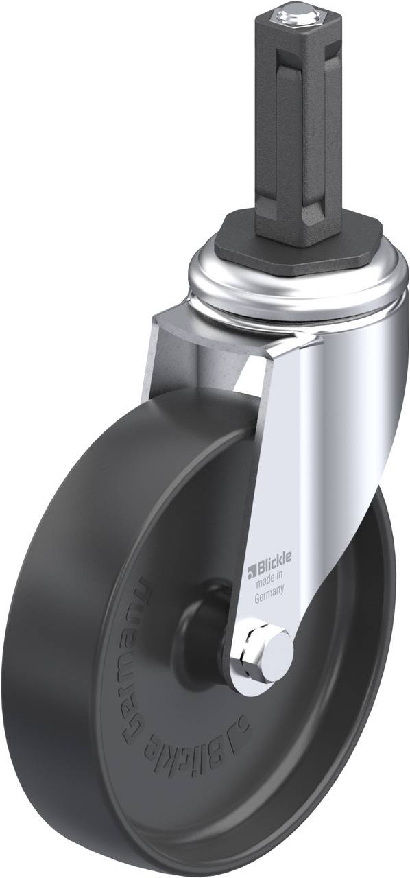 Schwenkrolle mit schwarzem Rad und Metallgehäuse. Oberes Ende mit sechseckigem Stift zur Befestigung. Markierung 'Blickle' sichtbar.