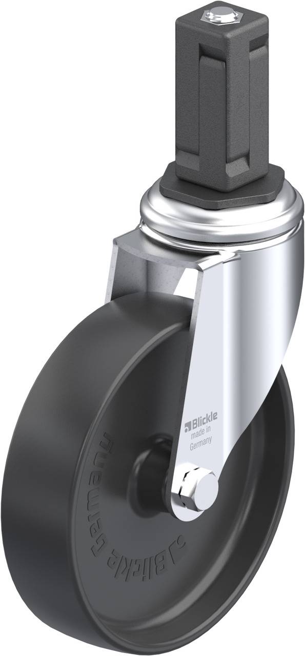 Schwenkrolle mit schwarzem Rad, stabiler Metallhalterung und eckigem schwarzem Stecker oben. Geeignet für Möbel oder Transportgeräte.