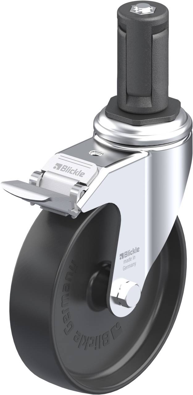 Eine schwarze Lenkrolle mit Bremse und Befestigungsstift, geeignet für Industrie- und Büroanwendungen.