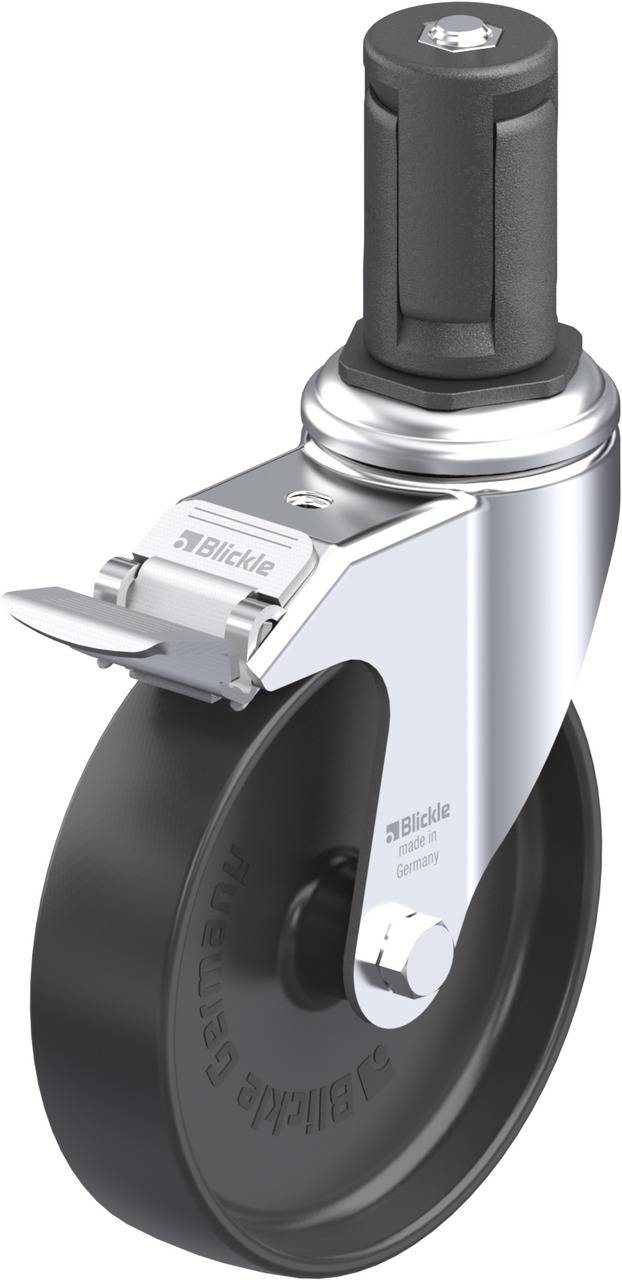 Schwenkrolle mit Bremse und schwarzem Rad. Die Rolle ist aus Metall und Kunststoff gefertigt, mit Beschriftung 'Blickle Germany'.