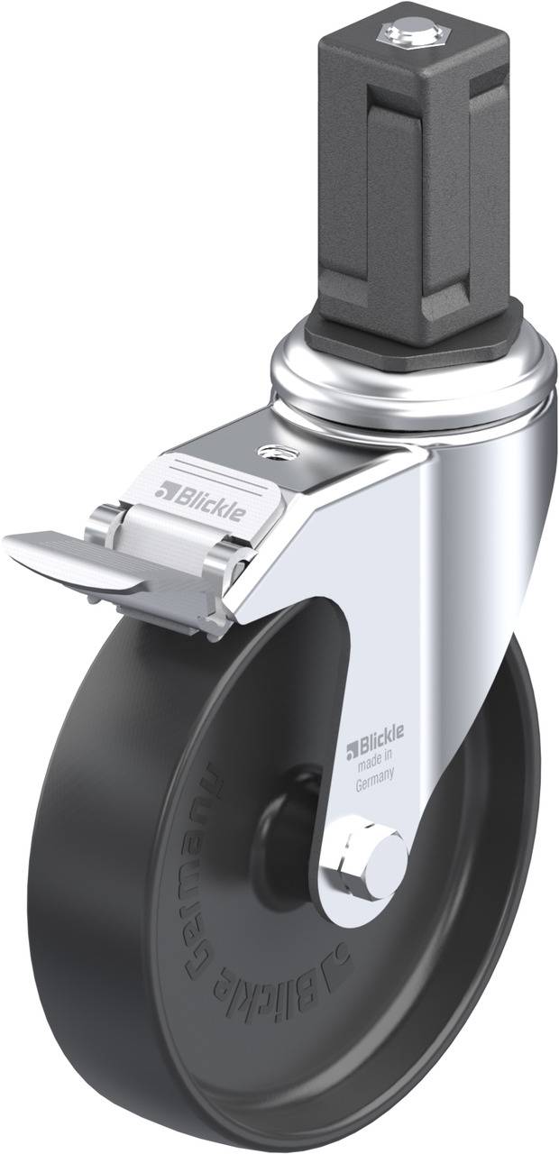 Ein schwarzes Lenkrollenrad mit silbernem Metallgehäuse und einem rechteckigen Halterungselement. Marke 'Blickle' auf dem Gehäuse.