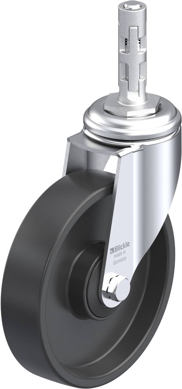 Schwenkrolle mit schwarzem Rad und Metallhalterung, geeignet für Möbel oder Geräte, verbessert Mobilität und Flexibilität.