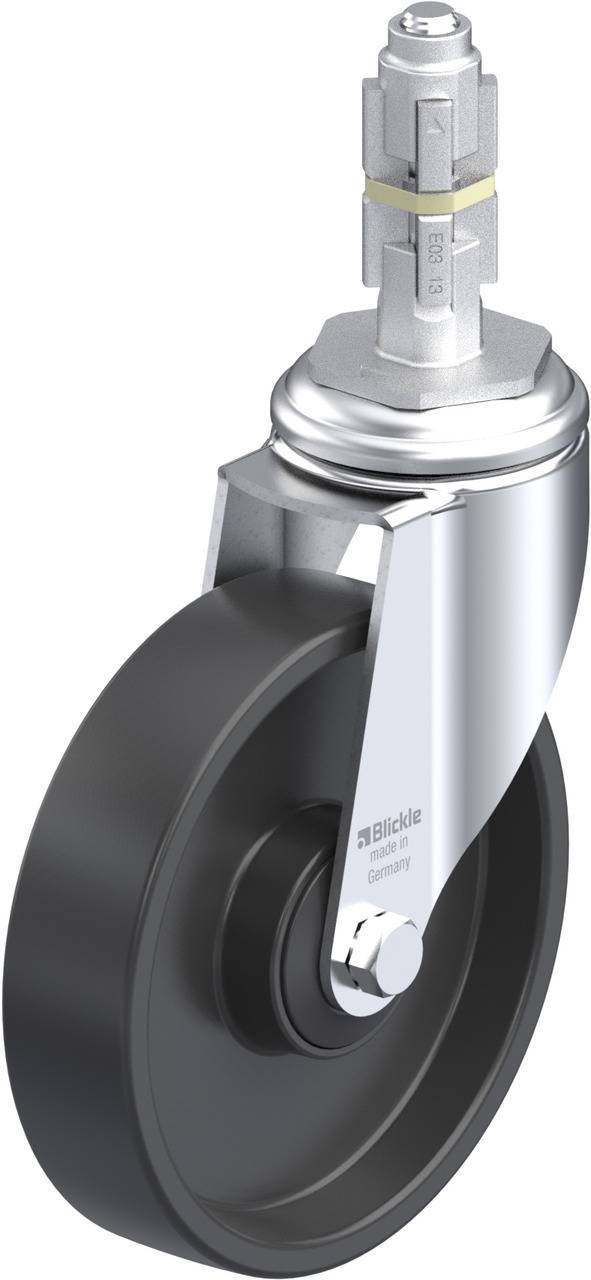 Schwenkrolle mit schwarzem Rad und silbernem Metallgehäuse, verwendet für Mobilität von Möbeln oder Geräten.
