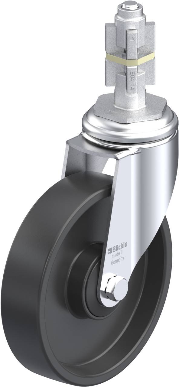 Schwenkrolle mit schwarzem Rad und silbernem Metallgehäuse. Oben ein Stahlstift zur Befestigung. Markenname 'Blickle' sichtbar.
