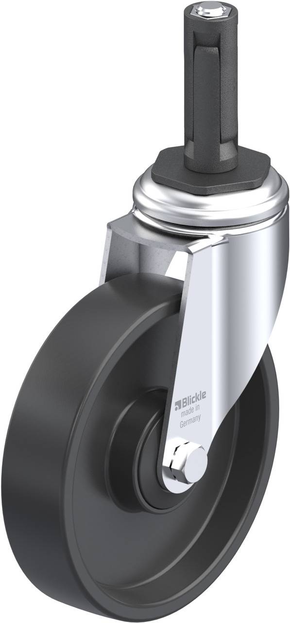 Schwenkrolle aus Metall und Kunststoff, geeignet für Möbel und Maschinen, mit Drehgelenk und schwarzem Rad.