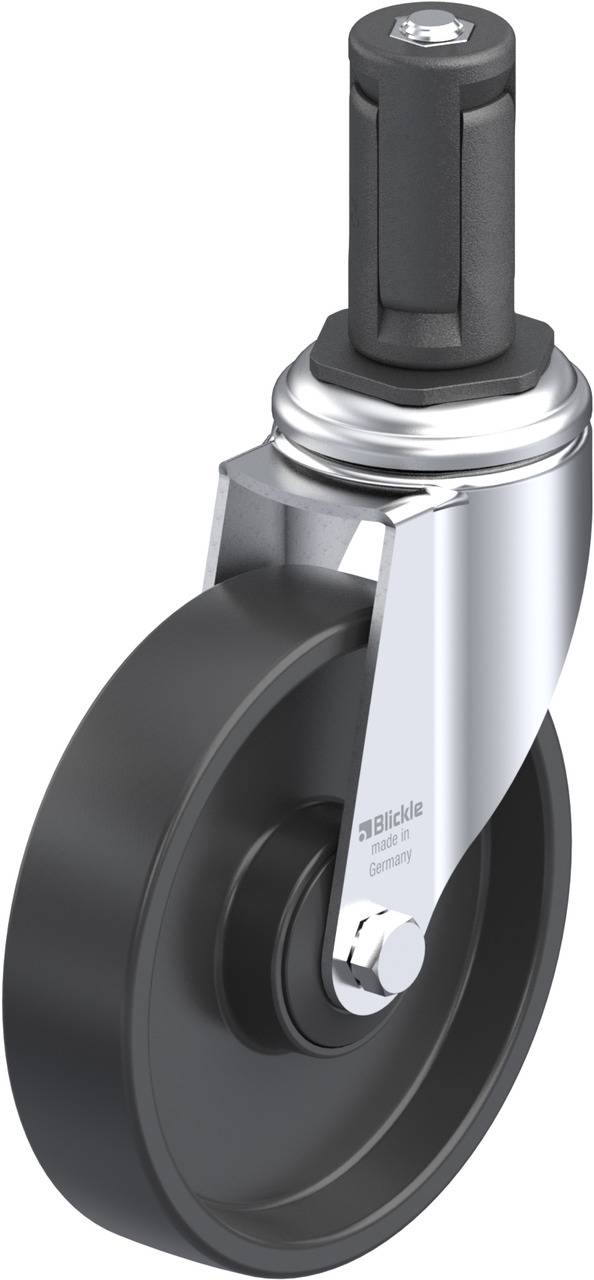 Ein schwarzes Rad aus Gummi mit drehbarer Halterung aus Metall, geeignet für Möbel oder Geräte, die bewegt werden müssen.