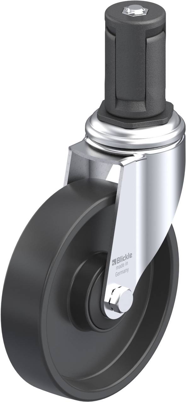 Schwarzes Lenkrolle mit silbernem Gehäuse und feststellbarer Befestigung für Möbel oder Transportwagen.