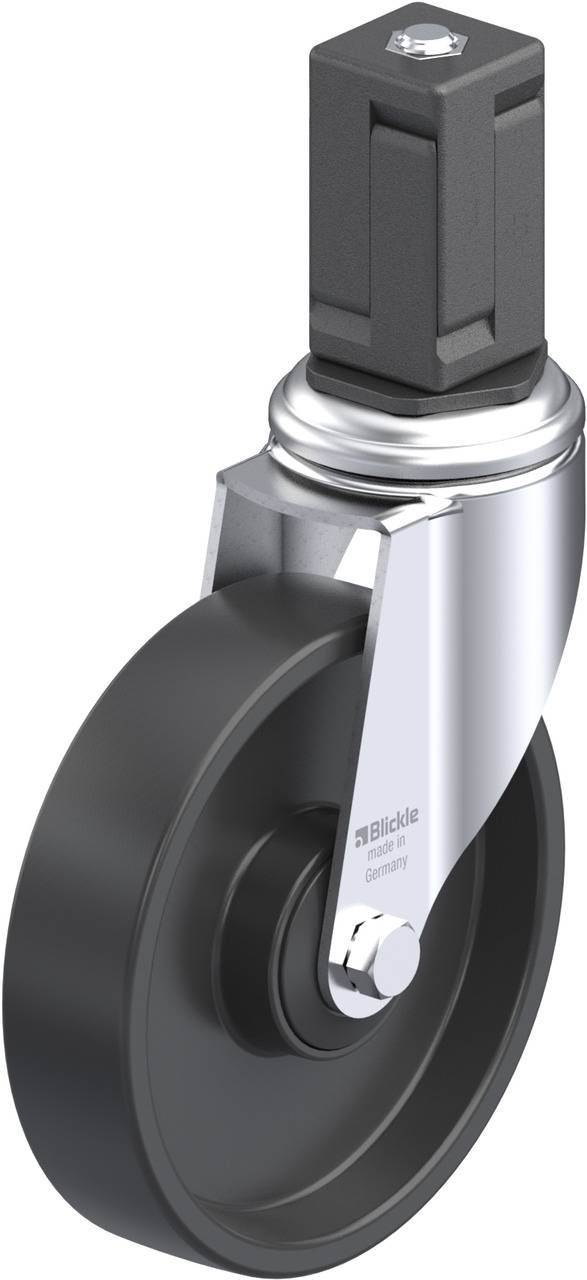 Industrie-Lenkrolle mit schwarzem Rad und silbernem Metallgehäuse. Ideal für Möbel oder Geräte, die Mobilität erfordern.