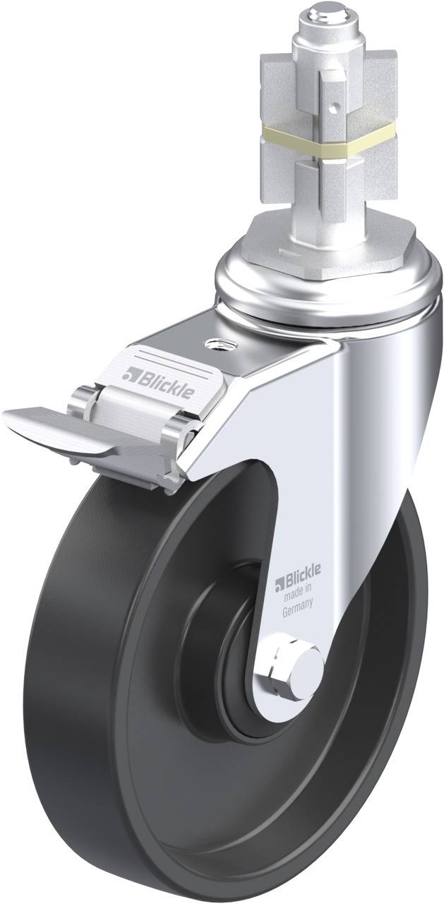 Drehebarer Lenkrolle mit Bremse, verchromt, schwarz. Geeignet für Möbel oder Transportwagen. Markenname auf der Halterung.