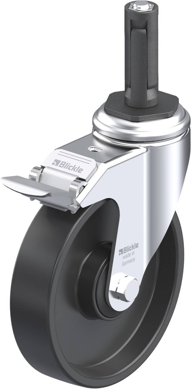 Lenkrolle mit Gehäuse, Bremse und Steckverbindung, geeignet für Möbelfüße oder leichte Geräte. Silber- und schwarze Farbgebung.