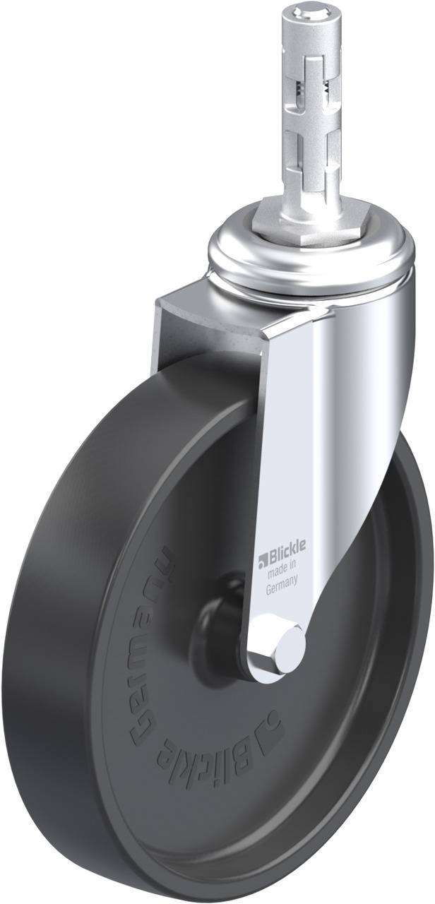 Schwenkrolle mit schwarzem Rad, silbernem Gehäuse und einem Stift zur Befestigung. Herstellername 'Blickle' sichtbar auf der Nabe.