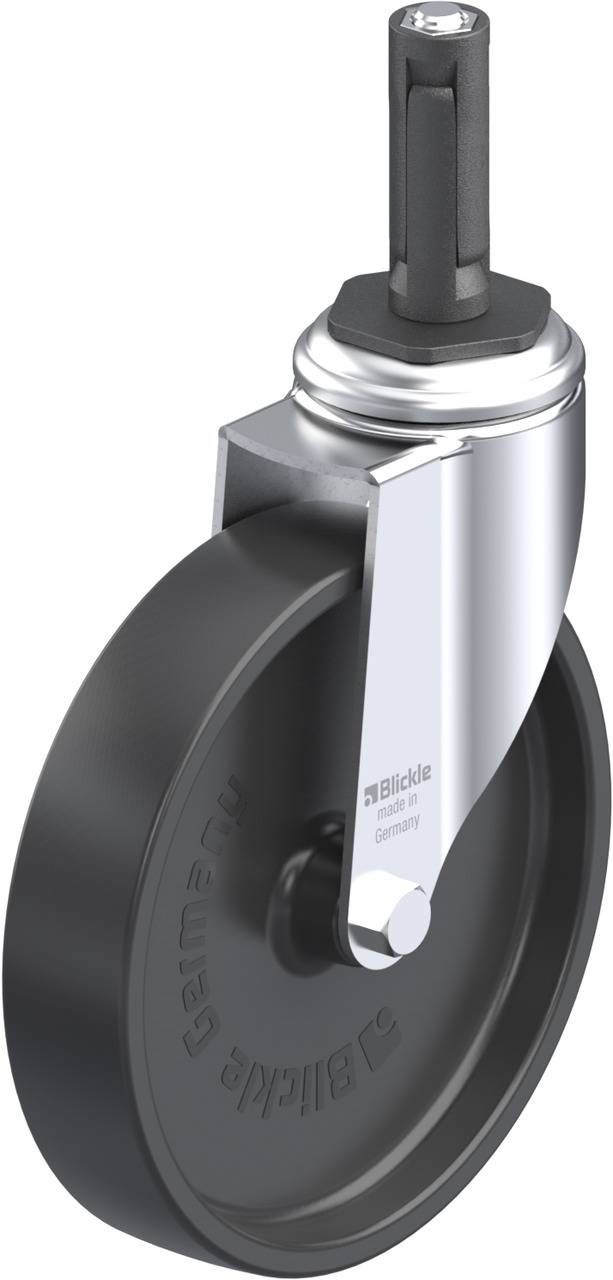 'Schwarzes Rad mit silberner Halterung und Stift. Markenname 'Blickle' auf der Radseite eingeprägt.'