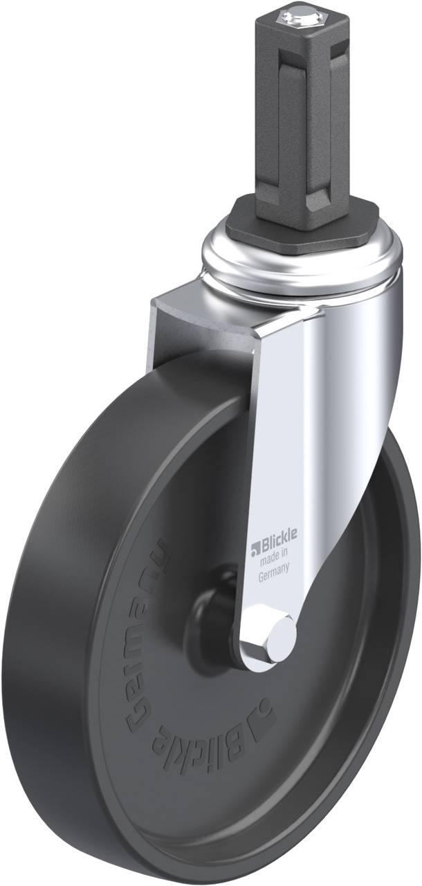 Schwenkrolle mit schwarzem Rad, Metallhalterung und quadratischem Stift. Geeignet für Transportgeräte.