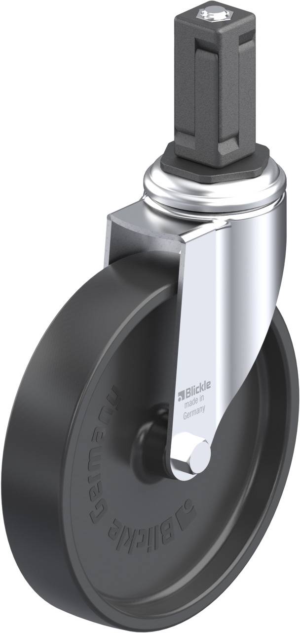 Schwenkrolle mit schwarzem Rad und silberner Halterung, quadratisches Metallgestänge oben zur Befestigung.