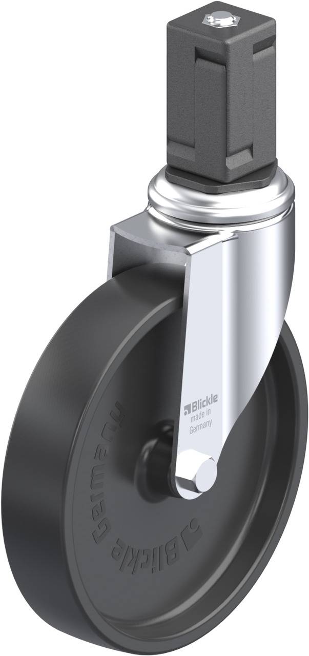 Ein schwarzes Laufrollenrad mit glänzender Metallhalterung und quadratischem Befestigungselement.