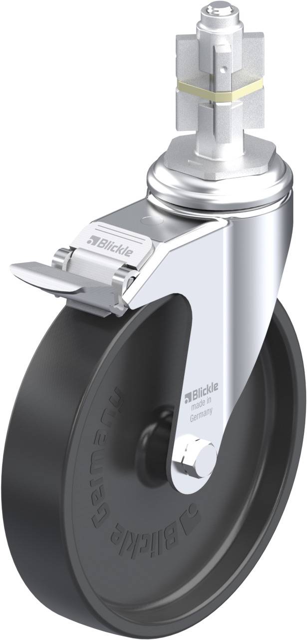 Schwenkrolle mit Bremse und schwarzem Rad, glänzende Metallgabel, geeignet für Möbel oder Ausrüstung mit Mobilitätsbedarf.