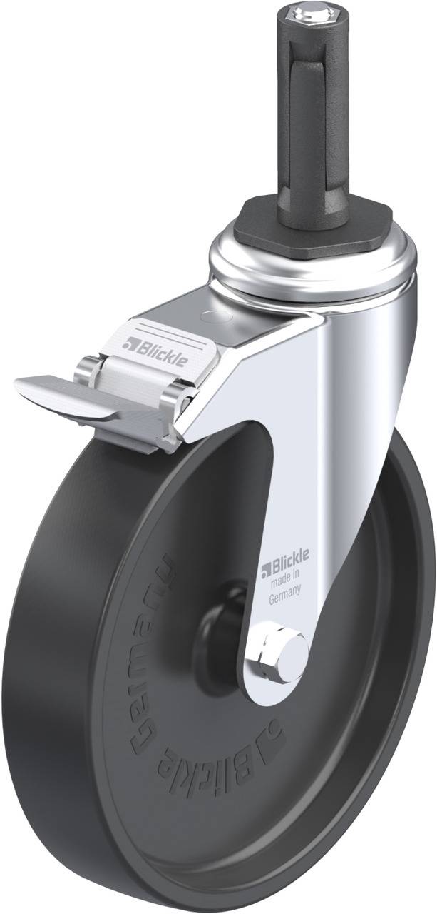 Schwenkrolle mit Bremse, glänzendes Metallgehäuse, schwarzes Rad. Geeignet für Einsatz in Möbeln oder Transportgeräten.