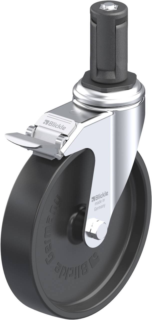 Schwenkrolle mit schwarzem Rad und silbernem Gehäuse, inklusive Feststellbremse. Geeignet für Möbel oder Transportgeräte.