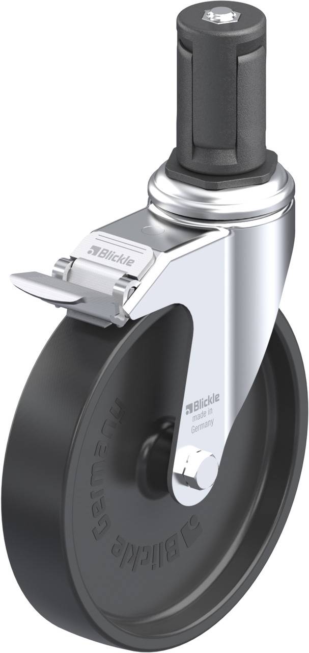 Schwenkrolle mit schwarzem Rad und silbernem Gehäuse. Oben ein zylindrischer Stift zur Befestigung. Markiert mit 'Blickle'.