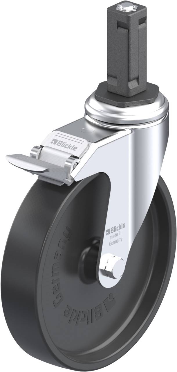 Eine schwarze Rolle mit silbernem Gehäuse, geeignet für Möbel oder Rollgestelle, zeigt einen feststellbaren Mechanismus.