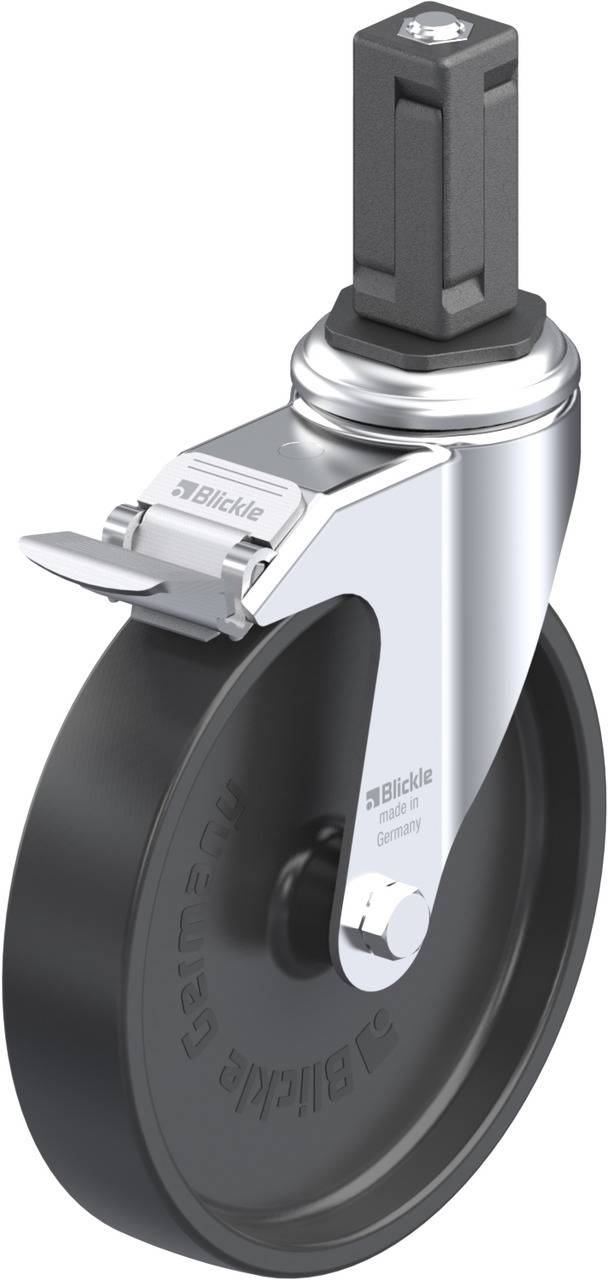 Rollenrad mit schwarzem, stabilem Metallgehäuse und integriertem Stift zur Befestigung. Geeignet für industrielle Anwendungen.