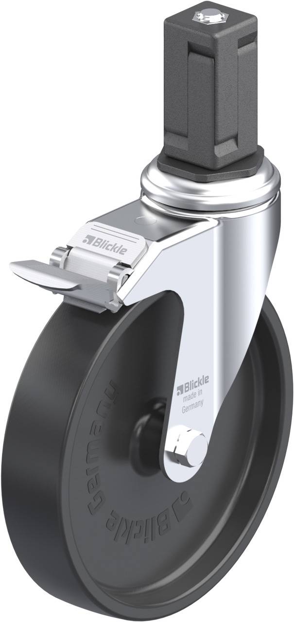 Schwenkrolle aus Metall mit schwarzem Rad, Bremshebel und quadratischer Schraubaufnahme. Geeignet für industrielle Anwendungen.