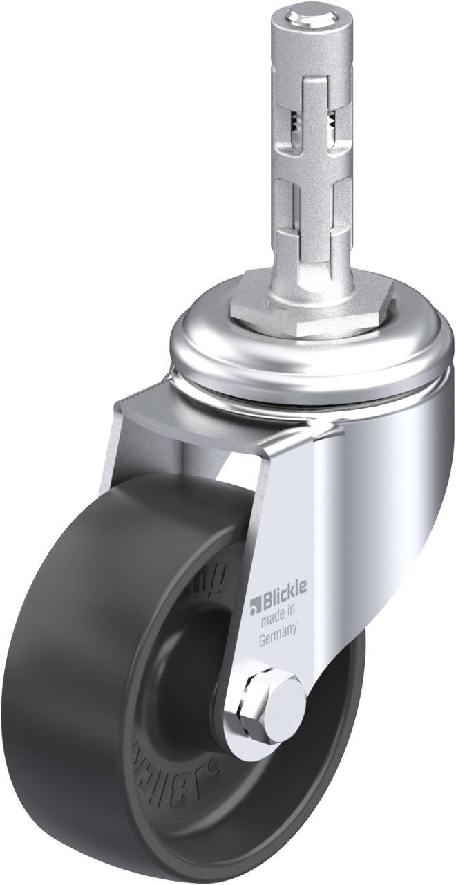 Rad aus Gummi mit metallischer Halterung. Oben ein zylindrischer Drehstift. Text: 'Blickle made in Germany'.