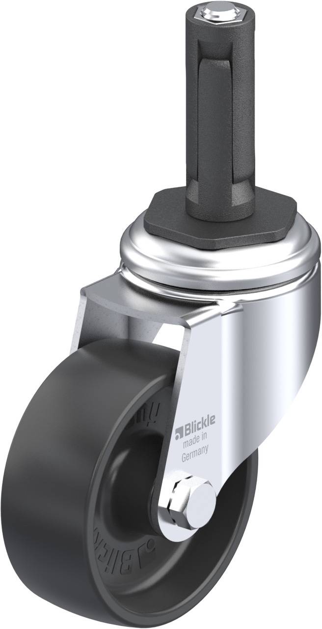 Rolle mit schwarzem Rad, glänzendem Metallgehäuse und Befestigungsstift. Aufschrift 'Blickle, made in Germany'.