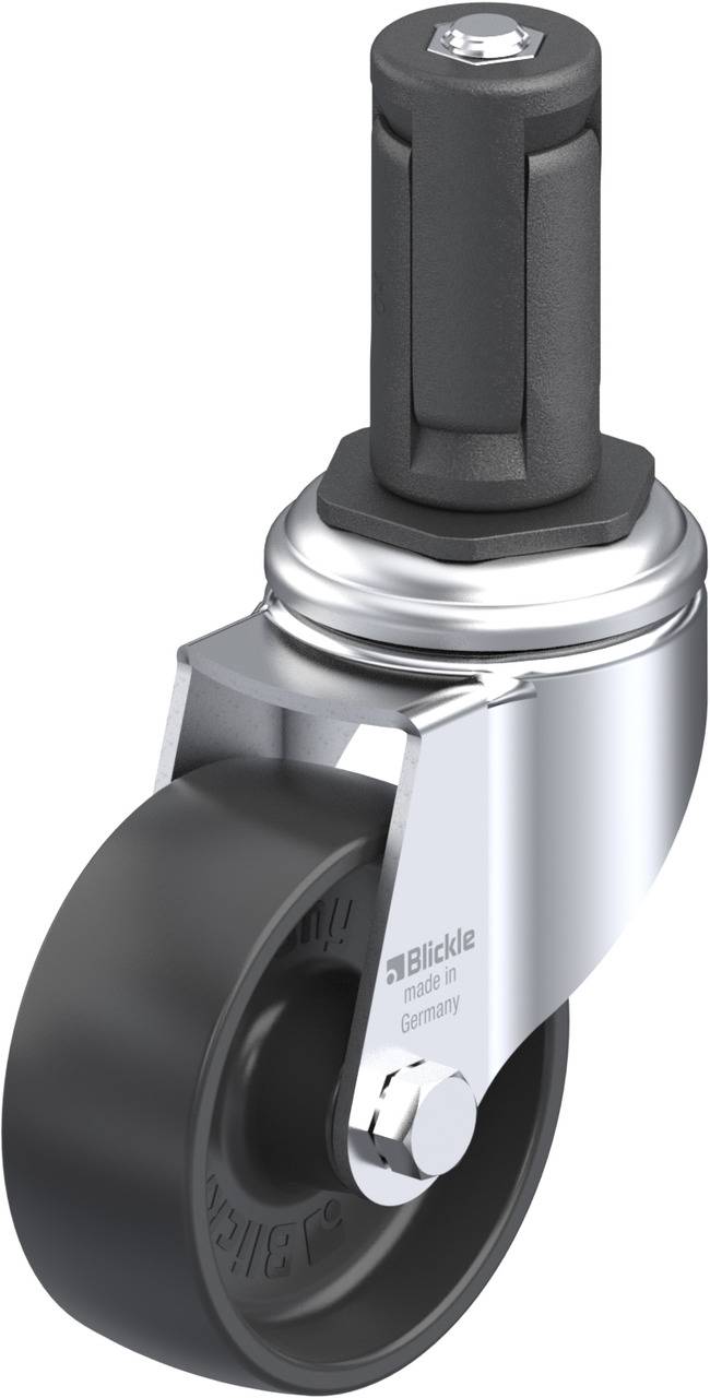 Drehbare Rolle mit festem Bolzen, schwarz-silber, für Möbel oder Geräte, hergestellt von Blickle in Deutschland.