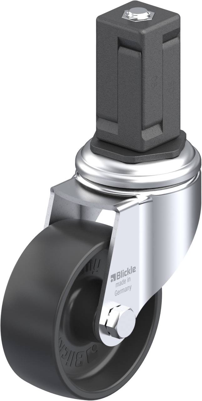 Rolle mit schwarzem Rad und grauem Metallgehäuse. Oben befindet sich eine rechteckige, schwarze Befestigung. Auf der Seite steht 'Blickle'.