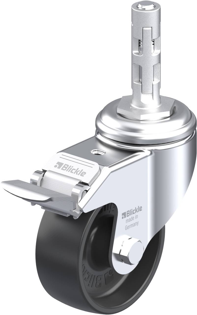 Rolle mit metallischem Gehäuse und Bremse, Marke 'Blickle', hergestellt in Deutschland. Geeignet für den Einsatz in Industrieumgebungen.