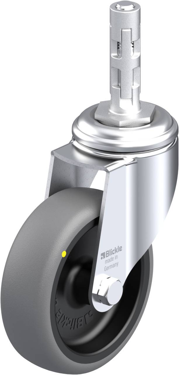 Schwenkrolle aus Metall mit grauem Gummirad, geeignet für Möbel oder schwere Geräte. Hochbelastbar und mit einem Stift zur Befestigung.