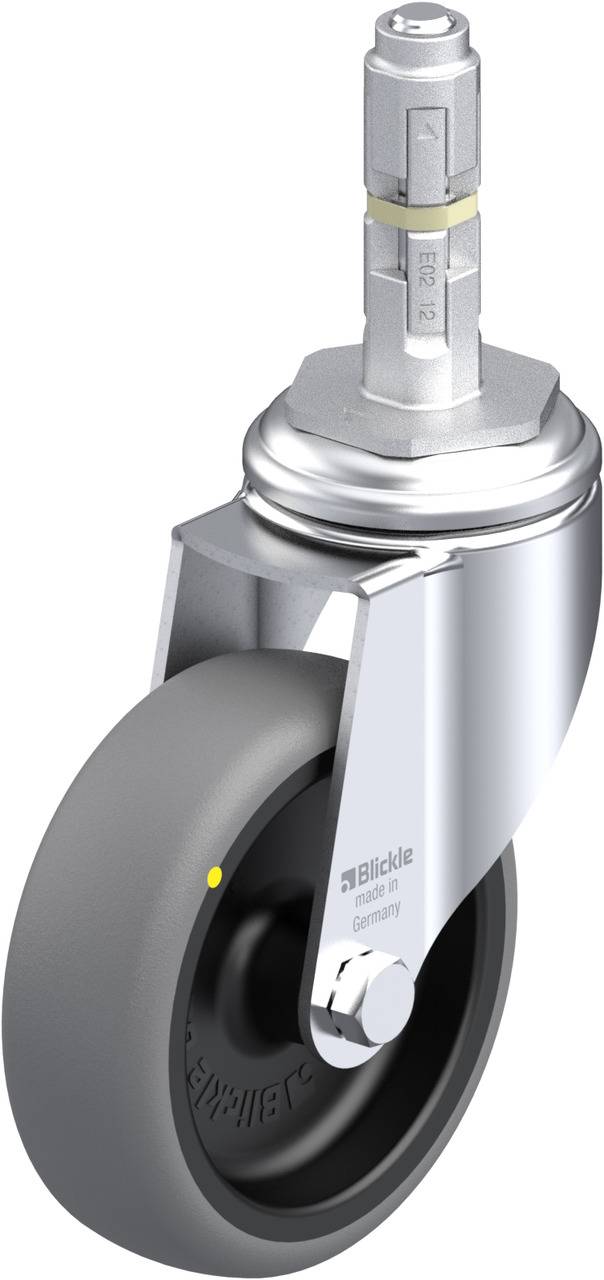 Industrie-Rolle mit grauem Rad, silberner Halterung und Achse. Geeignet für schwere Lasten in Transportgeräten oder Regalsystemen.