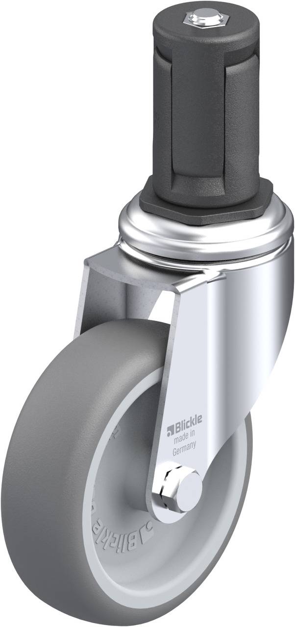 Nahaufnahme einer grauen Laufrolle mit Metallgehäuse und schwarzem Kunststoffdrehgriff. Aufschrift: 'Blickle Made in Germany'.