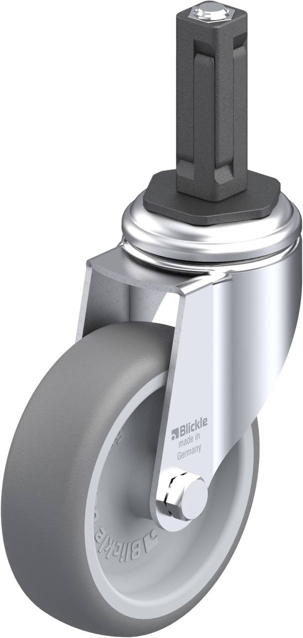 Grau-Rolle mit metallener Halterung und sechseckigem Befestigungselement. Markierung 'Blickle' und 'Made in Germany' sichtbar.