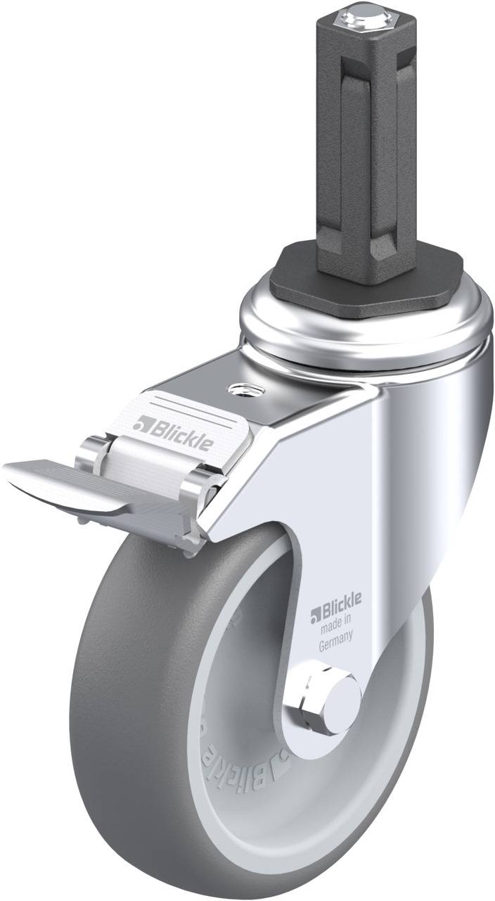 Schwenkrolle mit Bremse und Bolzen, silberne Metallgabel, graues Rad. Firmenlogo auf der Gabel.
